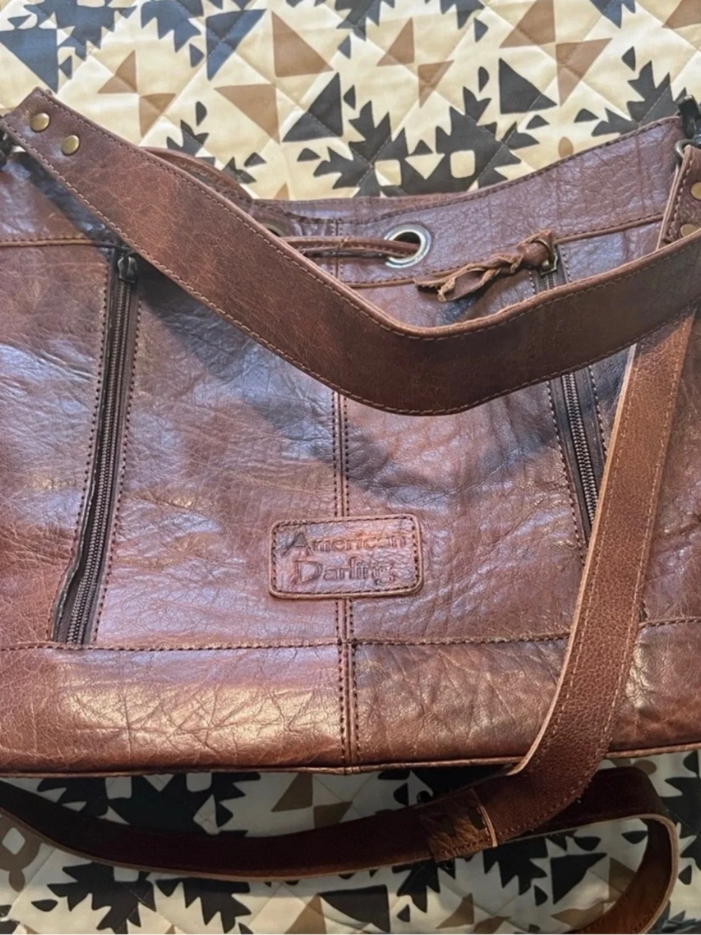 American Darling Brown Leather Patch Tote with Mustard Lining